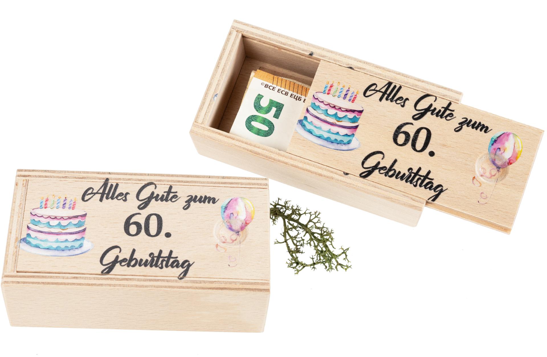 Holz Box perfekt für Geldgeschenke bedruckt mit "Alles Gute zum 60 Geburtstag"