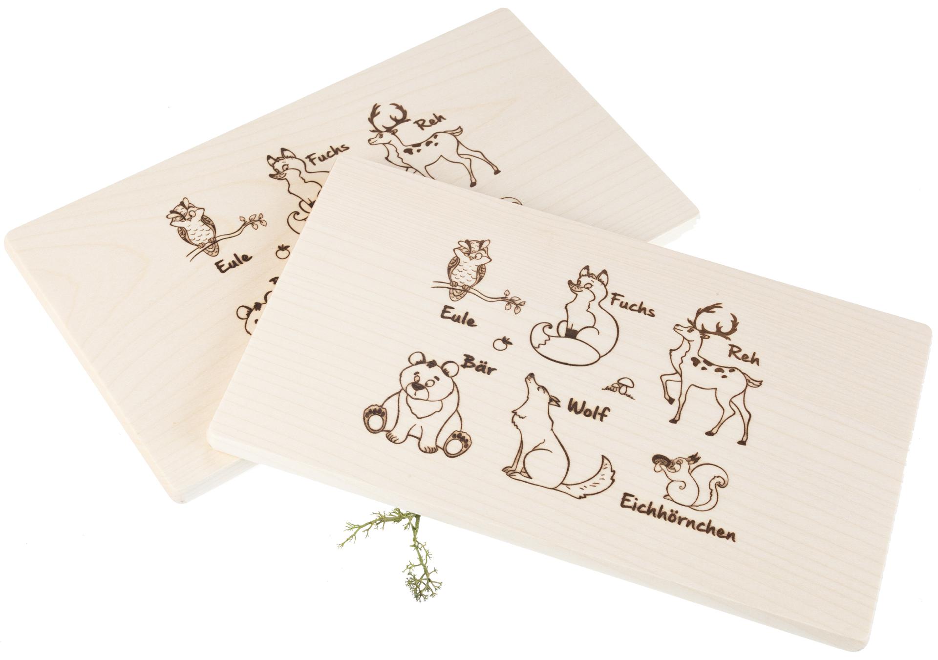 Frühstücksbrett Kinder FSC® Ahorn 26 x 15 x 1,2 cm - Waldtiere mit Tiernamen