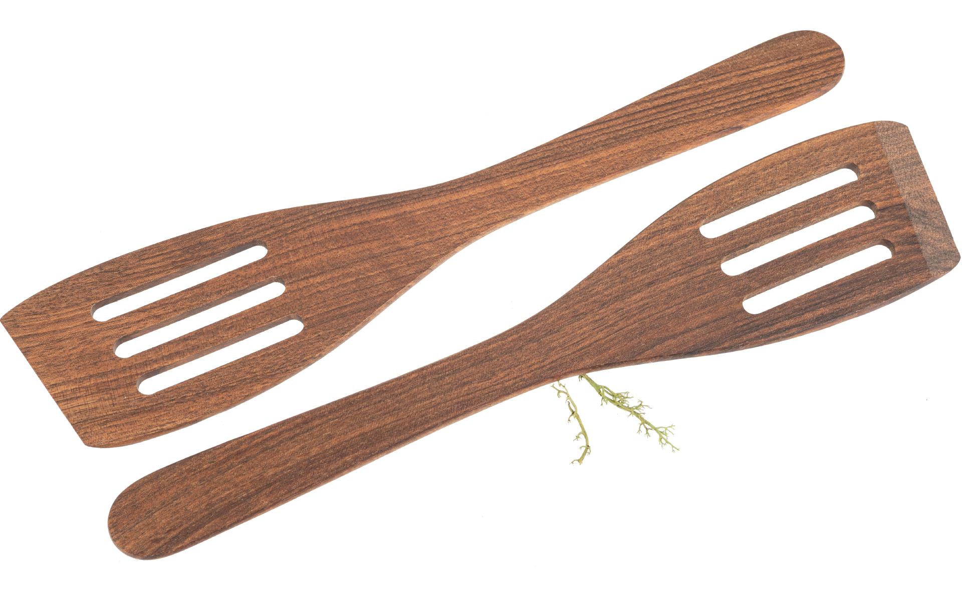 Pfannenwender gebogen aus geöltem Nussbaum Holz - 30 cm - mit Schlitzen - 2er Set