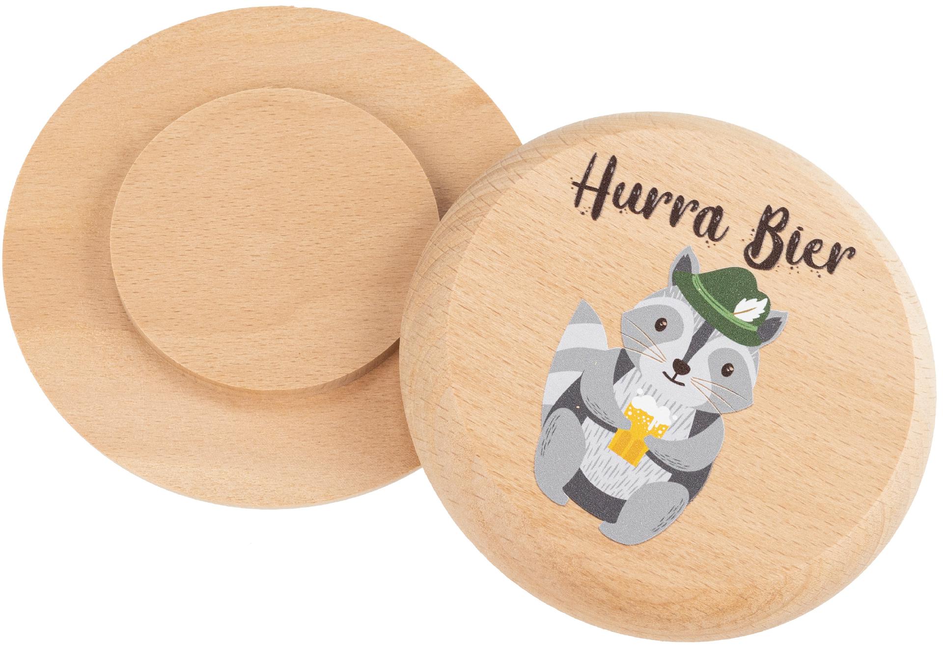 Bierdeckel aus Buchenholz mit Buntdruck Hurra Bier mit Waschbaer