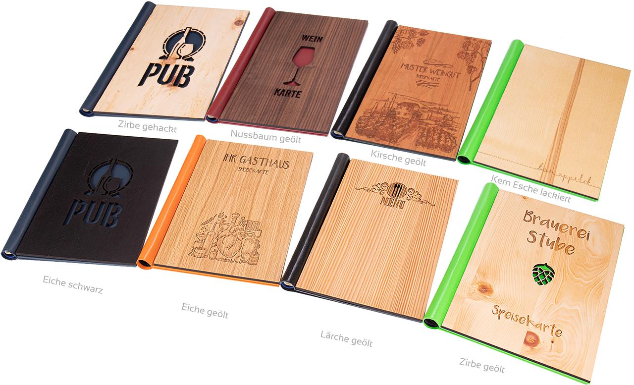 Hochwertige Holz Speisekarte Gaestebuch mit praktischem Klemmbinder System