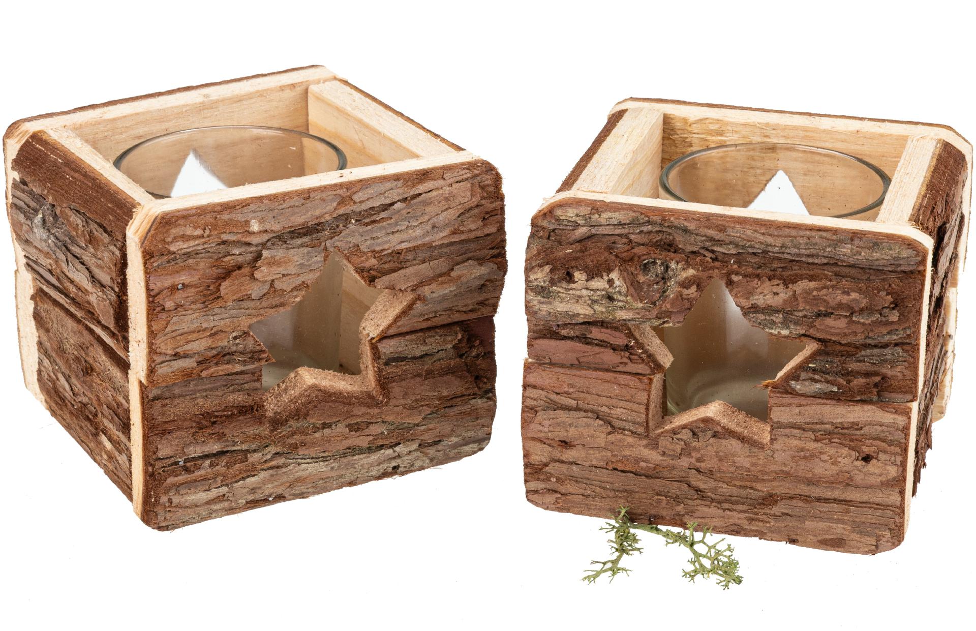 Rustikales Holz Windlicht mit Rinde - 9 x 9 cm für gemütliche Atmosphäre Stern