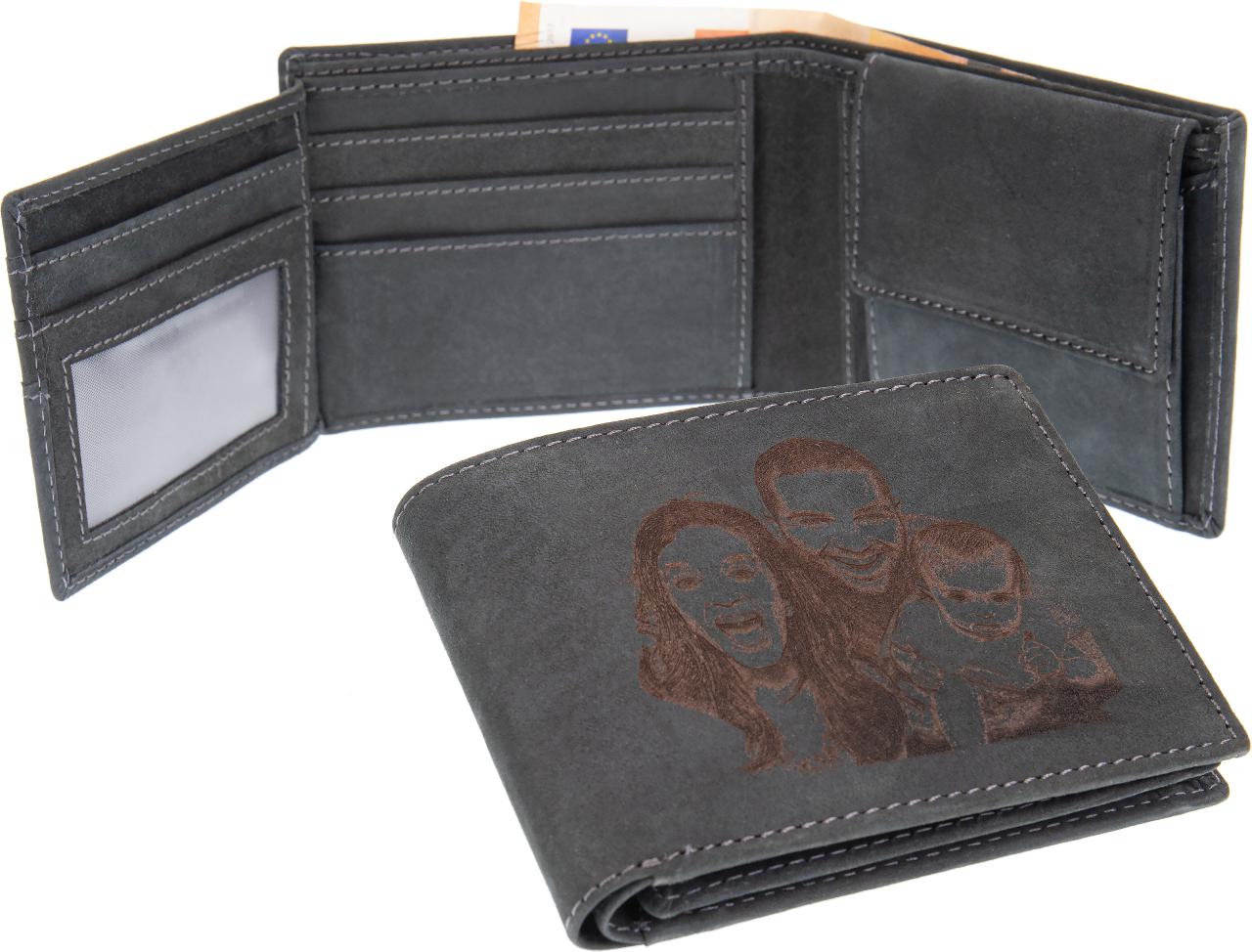 Personalisierter schwarzer Leder Geldbeutel mit Fotogravur Geldboerse mit individueller Wunschgravur einseitige Lasergravur