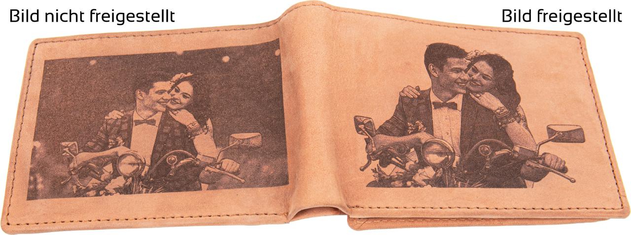 Personalisierter hellbrauner Leder Geldbeutel mit Fotogravur Geldboerse mit individueller Wunschgravur