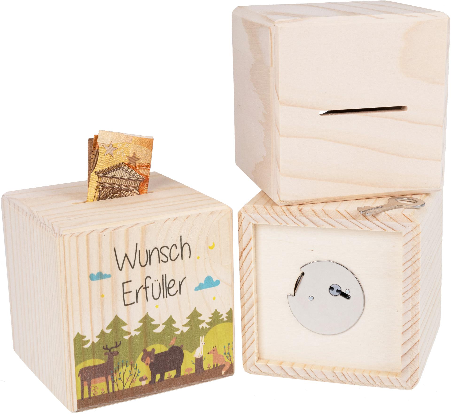 Holz Spardose Wuerfel mit Metallschloss UV Druck: Wunsch Erfueller Waldtiere Kinder Sparkasse