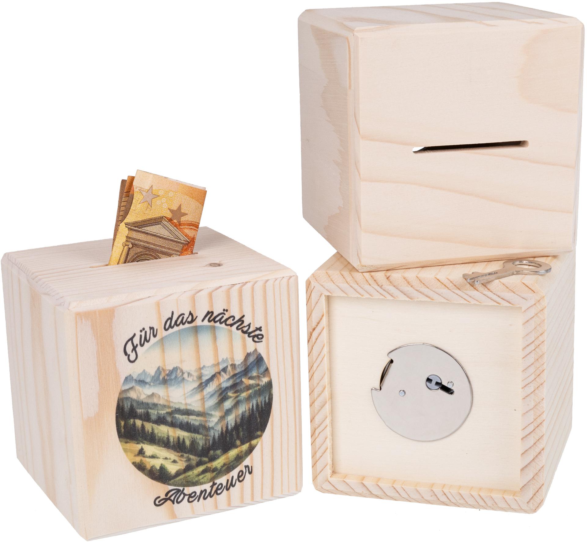 Holz Spardose Würfel 10 cm mit Metallschloss mit Ihrem Digitaldruck individualisiert