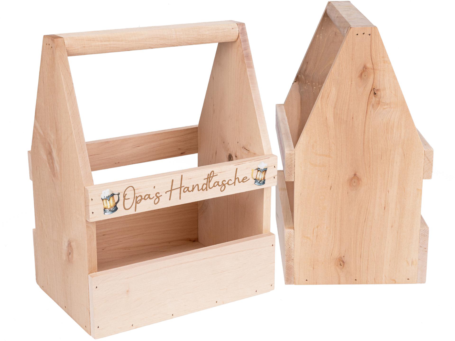 Holz Bierträger aus FSC® Erle mit Bunt Druck: "Opa´s Handtasche"