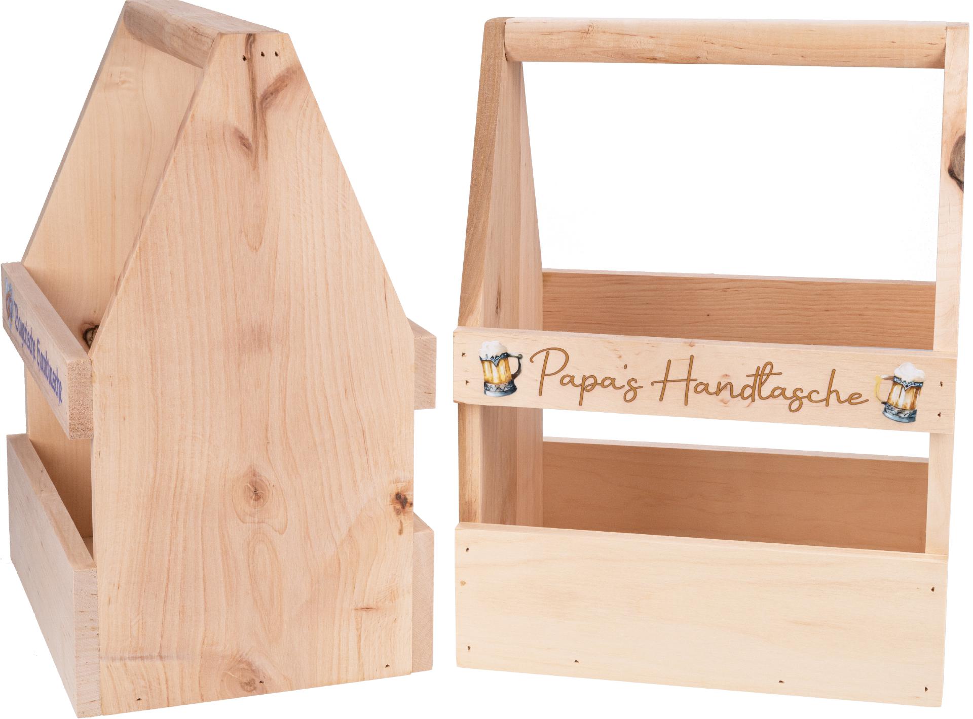 Holz Biertraeger aus Erle mit Bunt Druck: Papa s Handtasche