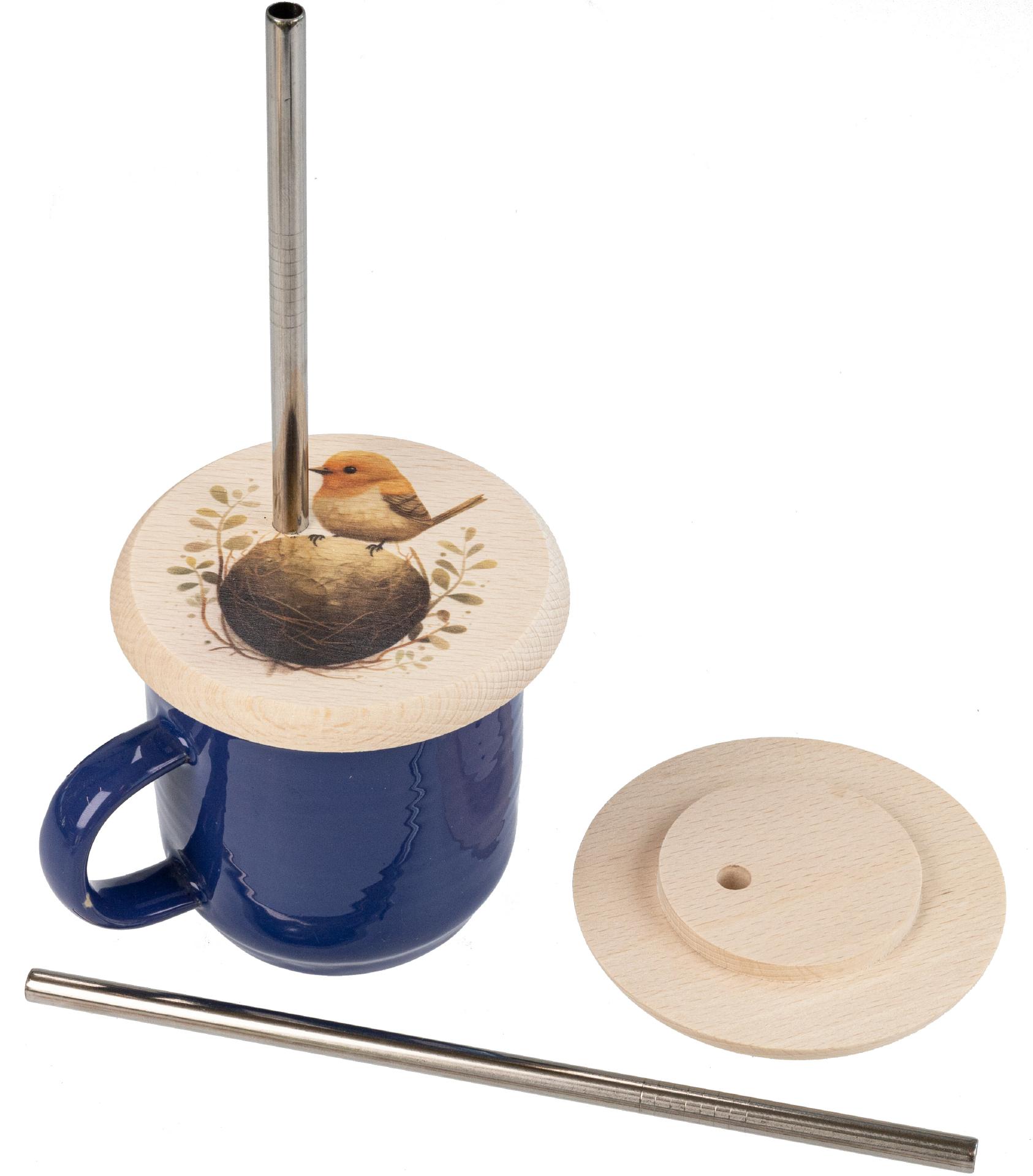 Glasabdeckung Buchen Holz mit VA Strohhalm mit buntem Tiermotiv Rotkehlchen