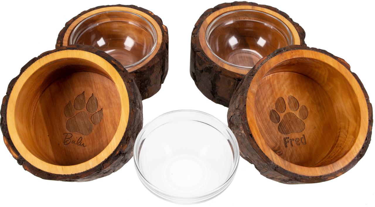 Handgefertigter Holz-Futternapf, Gravur  Hunde Pfote,  mit Glaseinsatz