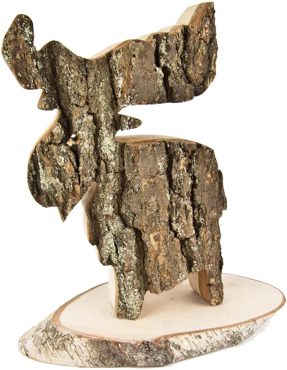 Deko Elch aus Erle auf rustikaler Baumscheibe mit Rinde