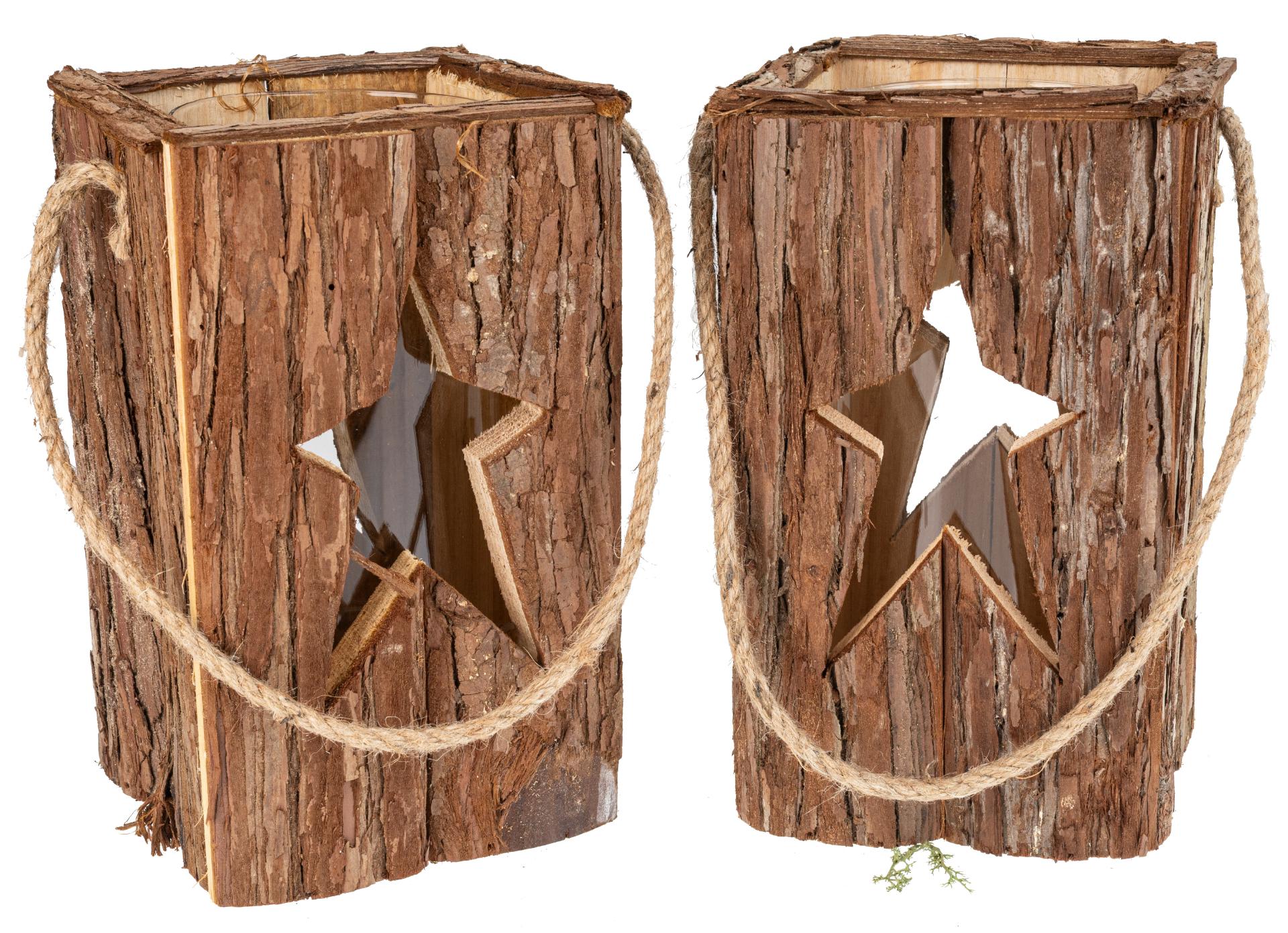 Rustikale Holz Laterne mit Rinde und Glaszylinder - Ausschnitt Stern 27x16 cm