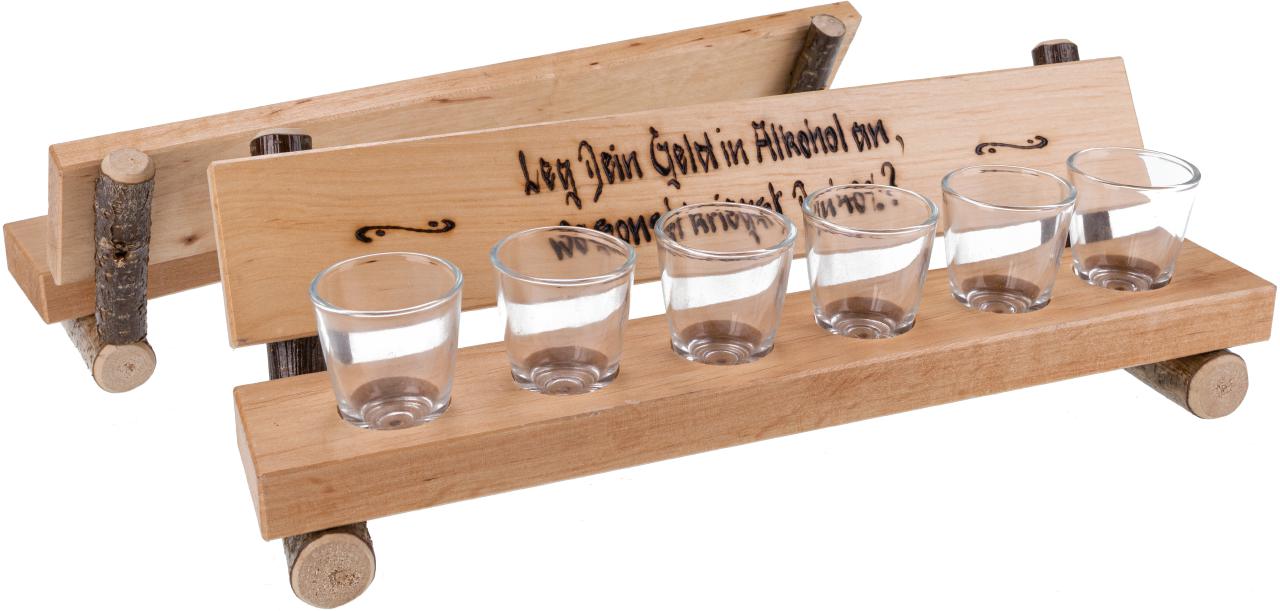 Holz Schnapsbank rustikal mit Rinde mit 6 Stamperl Leg Dein Geld in Alkohol an, wo sonst kriegst 40%?