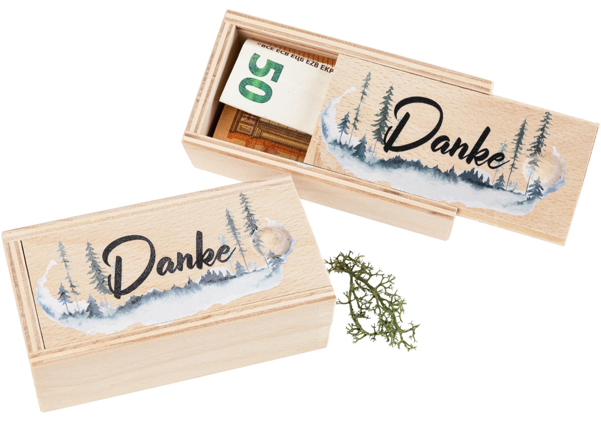 Holz Box perfekt für Geldgeschenke bedruckt mit "Danke"