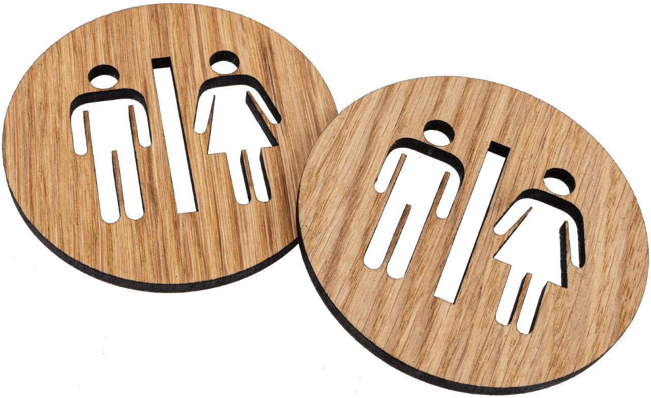 Tuerschild aus Eiche geoelt Toilettenschild selbstklebend Frau und Mann FSC