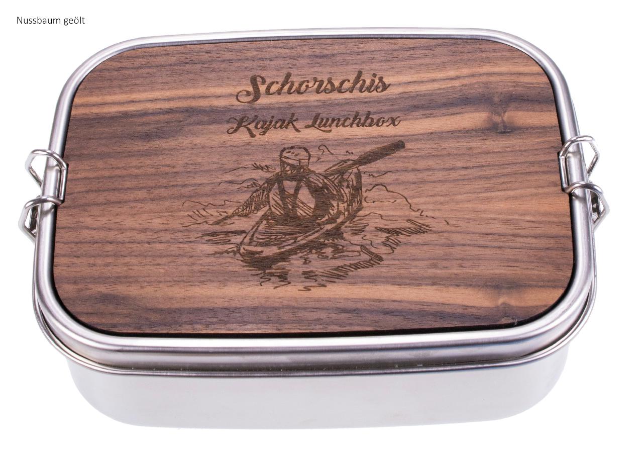 Lunchbox aus Edelstahl und Holz mit individueller Gravur Kajak Lunchbox Boots Lunchbox