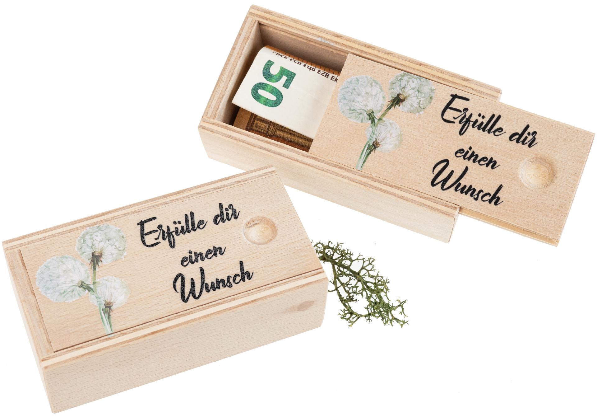 Holz Box perfekt für Geldgeschenke bedruckt mit "Erfülle dir einen Wunsch" mit Pusteblume