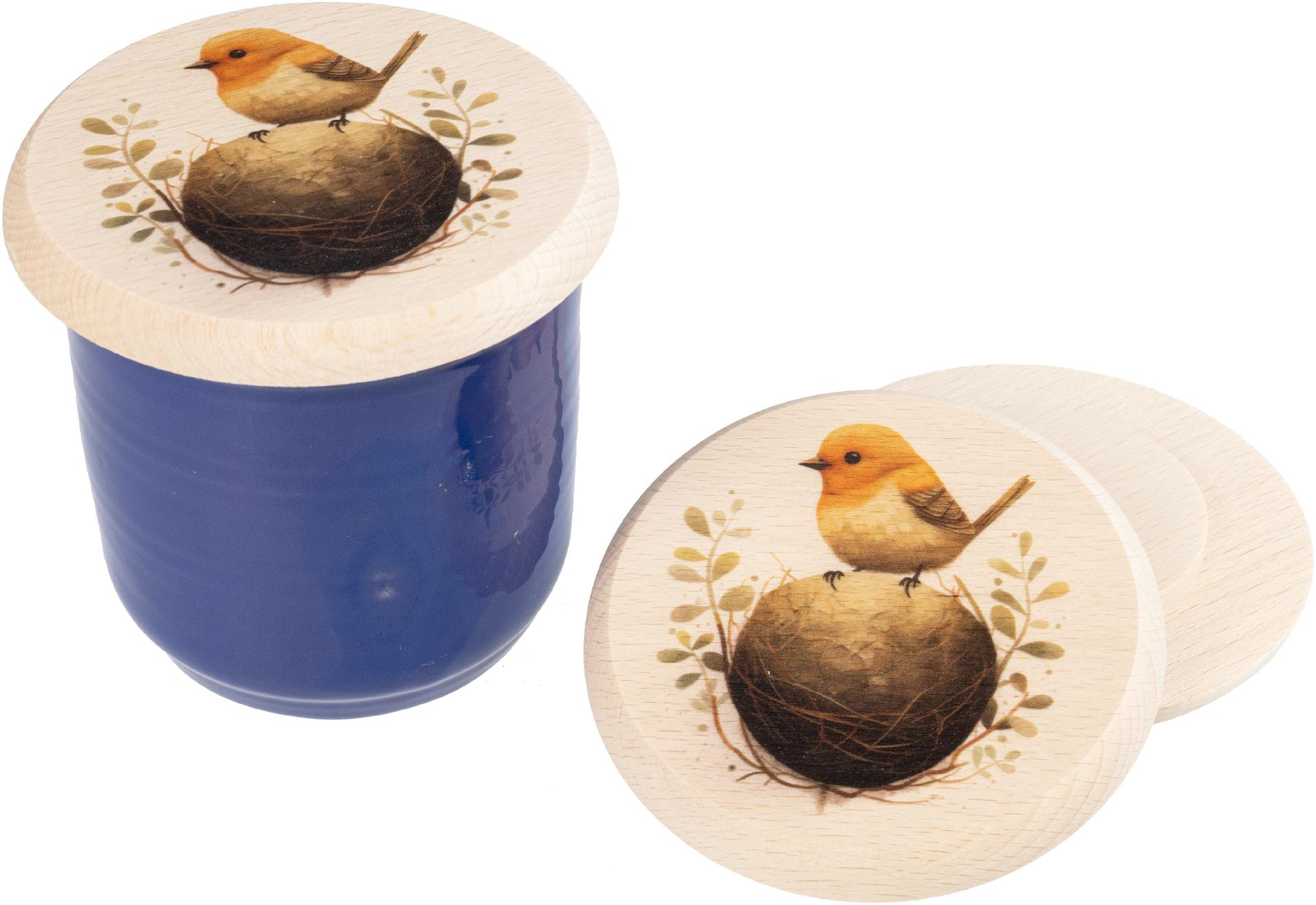 Glasabdeckung aus Buchen Holz fuer Kinder mit buntem Tiermotiv Rotkehlchen