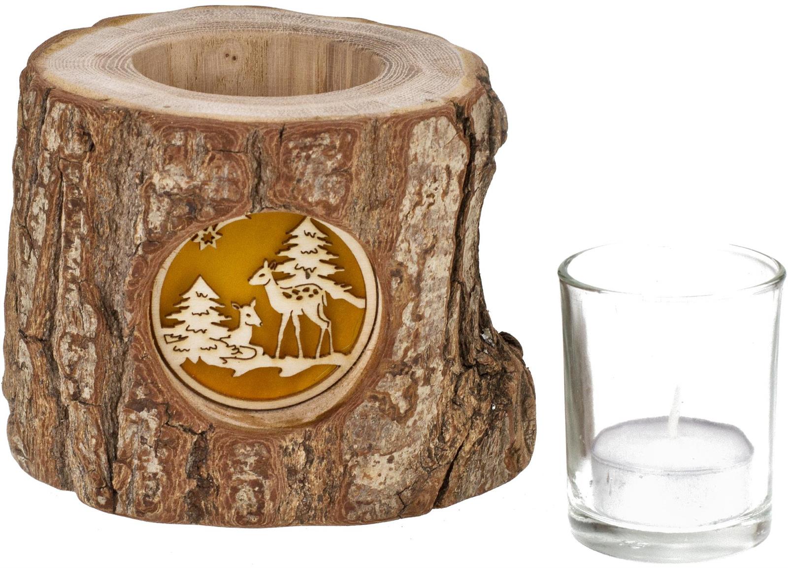 Holz Windlicht mit Rinde und hinterleuchteten Motiv Stimmungsleuchter Rehe