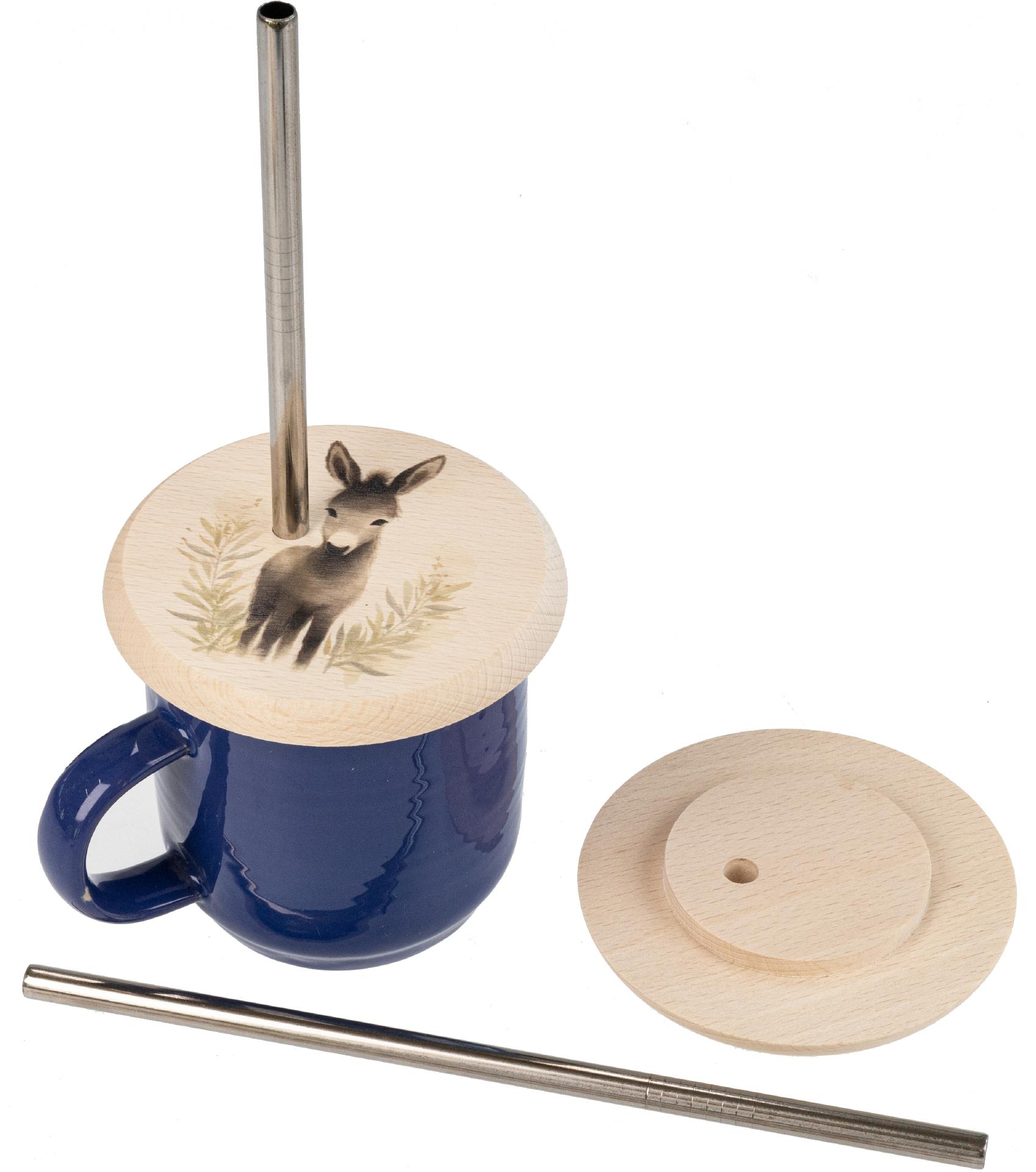 Glasabdeckung Buchen Holz mit VA Strohhalm mit buntem Tiermotiv Esel