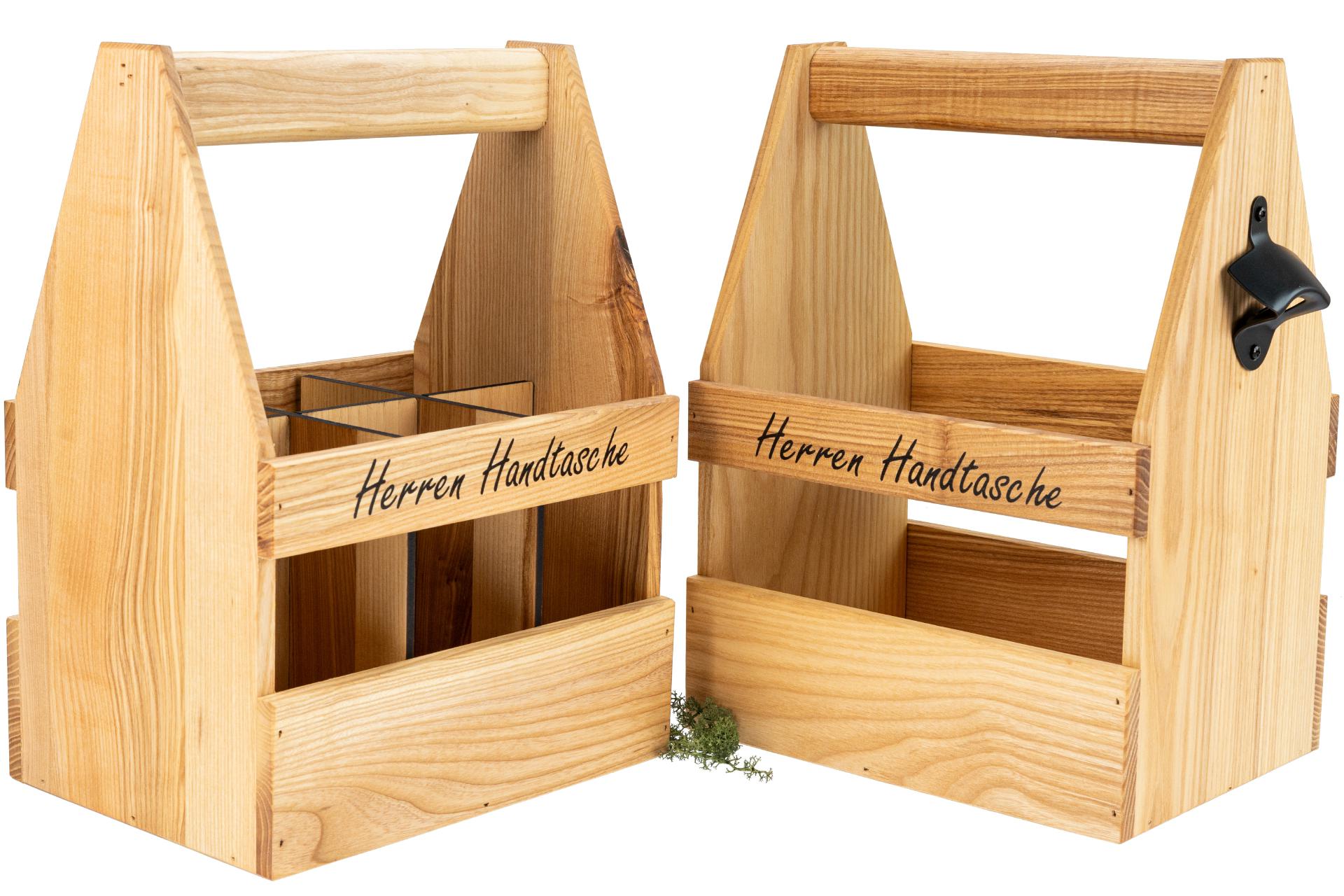 Bierträger aus Eschenholz - 6er Flaschenträger "Herren Handtasche" mit Flaschenöffner schwarz