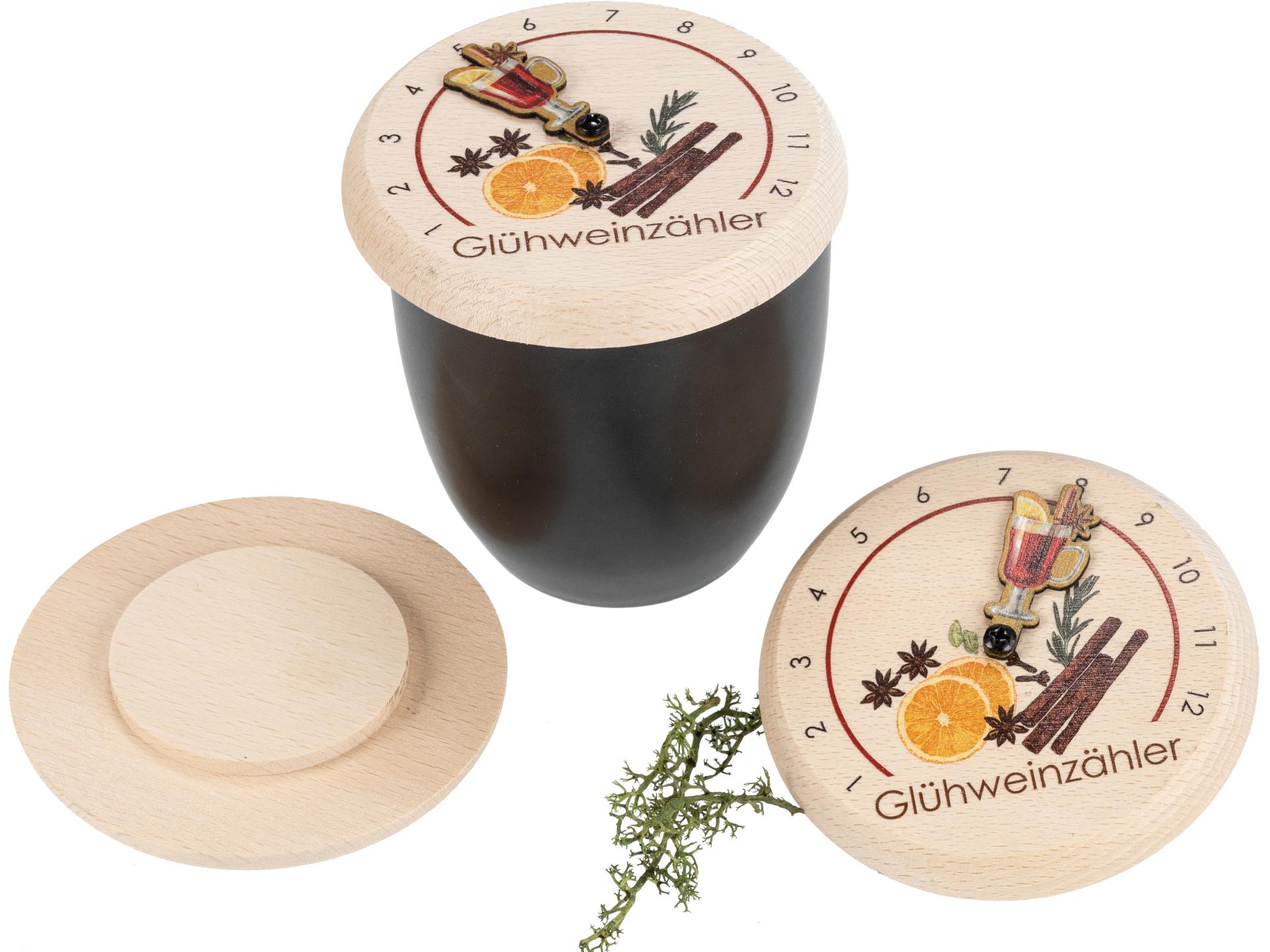 Glühwein Abdeckung aus FSC® Buchenholz mit Druck: Glühwein Zähler mit Zeiger