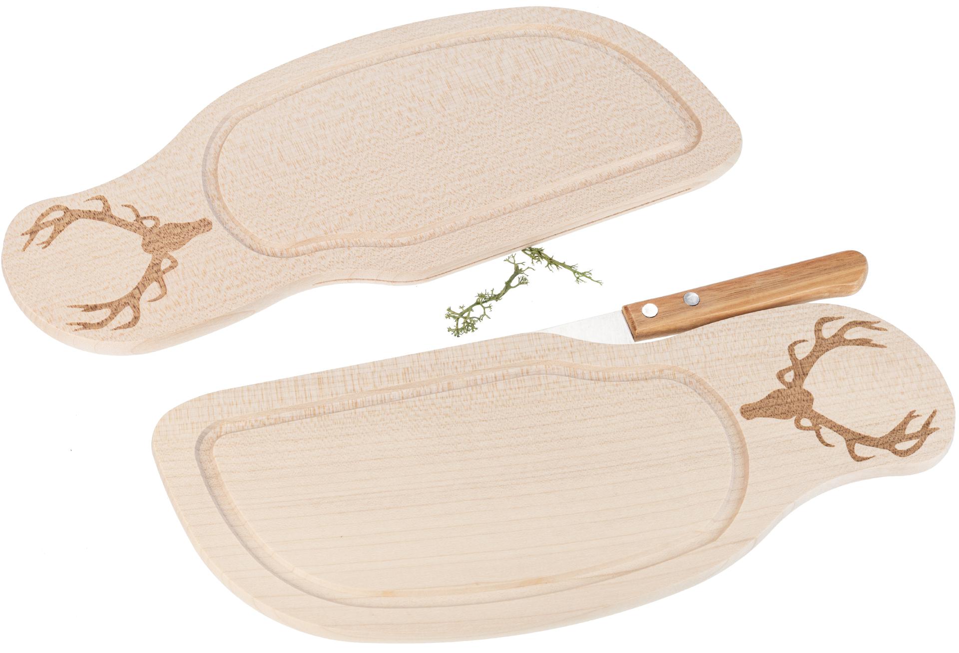 Schneidebrett mit Messerschlitz mit Rille und Messerschlitz aus FSC® Ahorn 28 x 11 x 1 cm inkl. Geweih Branding