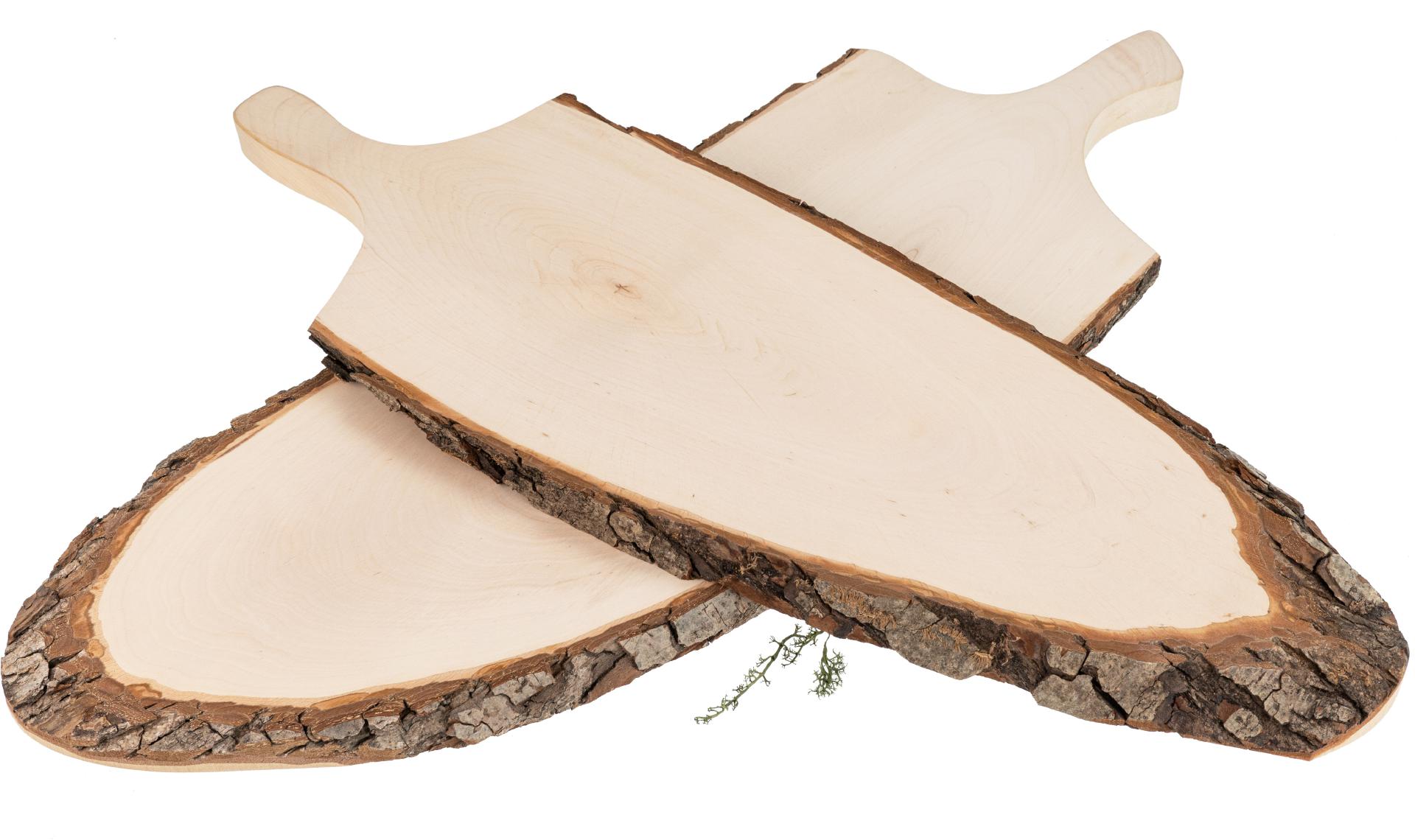 Servierbrett mit Griff & Rinde aus FSC® Erlenholz ca. 56 - 65 x 2,5 cm geölt mit Lederband