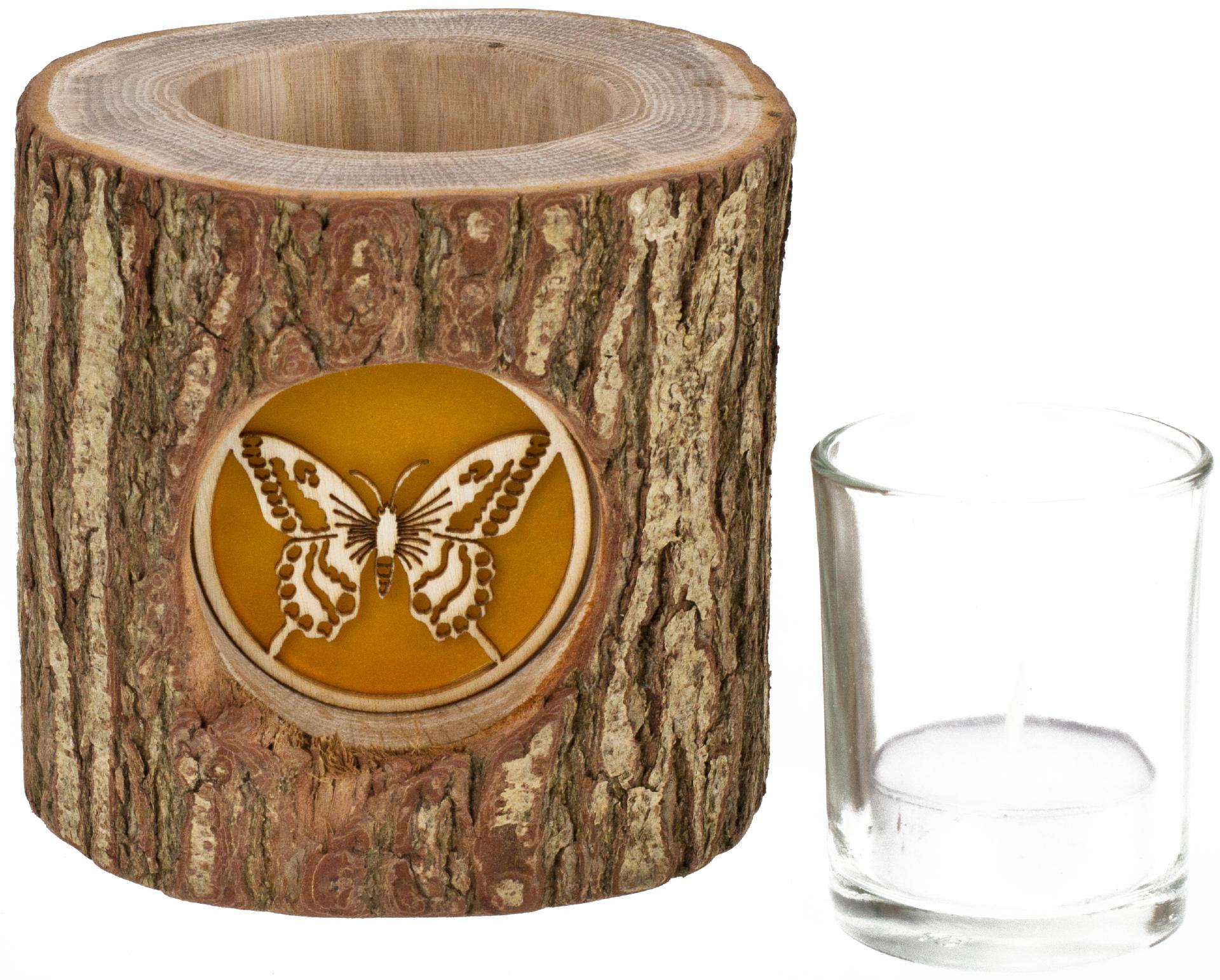 Holz Windlicht mit Rinde und hinterleuchteten Motiv Stimmungsleuchter Schmetterling