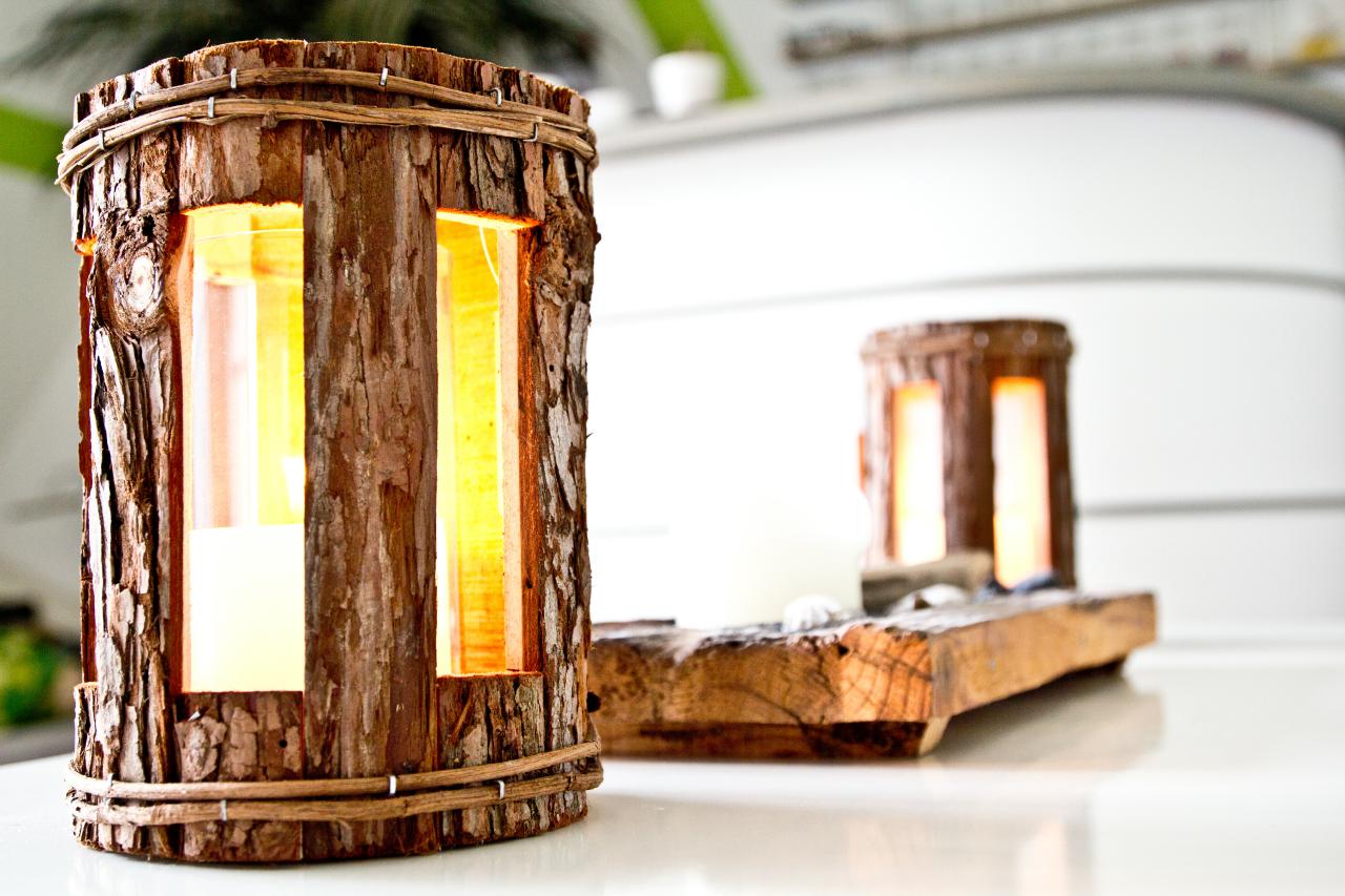 Rustikale Holz Laterne mit Rinde und Glaszylinder Ausschnitt Rund