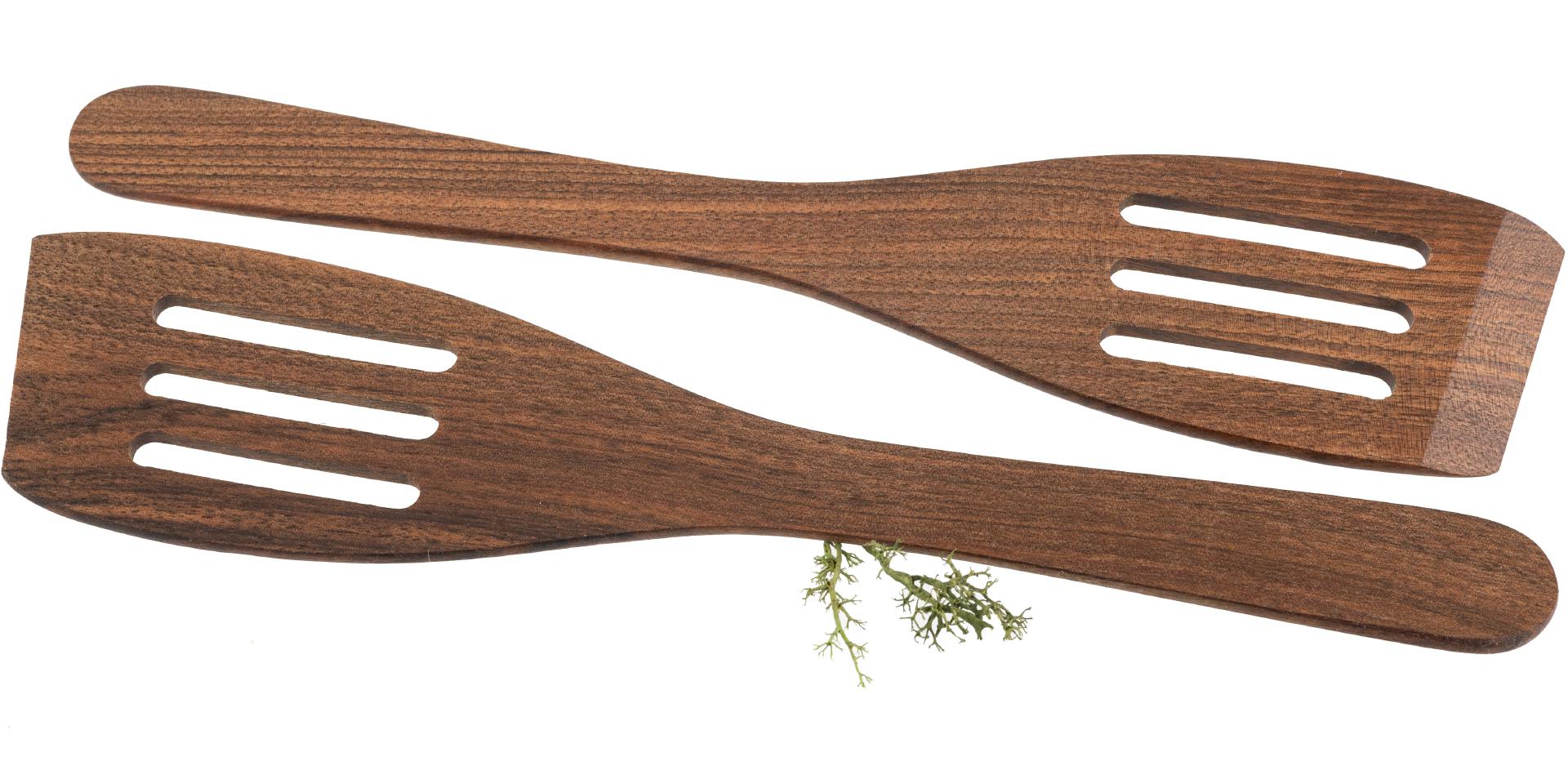 Pfannenwender gebogen aus geöltem Nussbaum Holz - 30 cm - mit Schlitzen - 2er Set