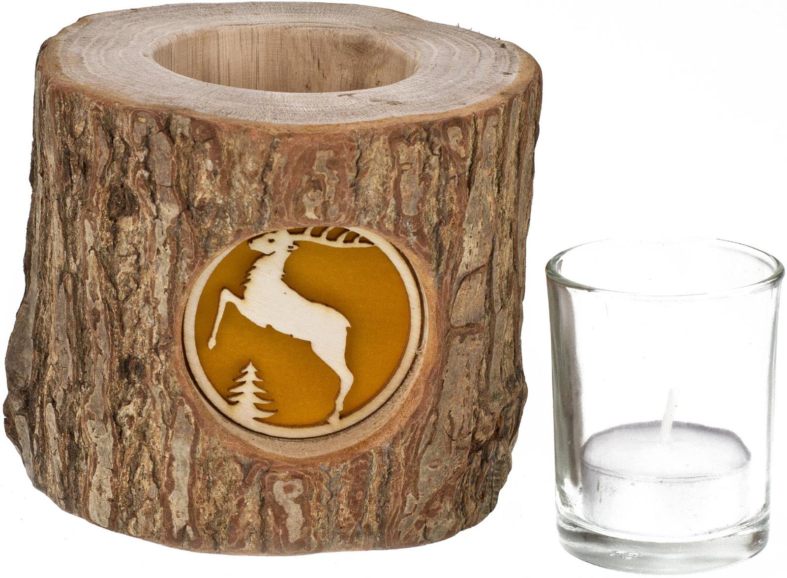 Holz Windlicht mit Rinde und hinterleuchteten Motiv Stimmungsleuchter Hirsch Baum