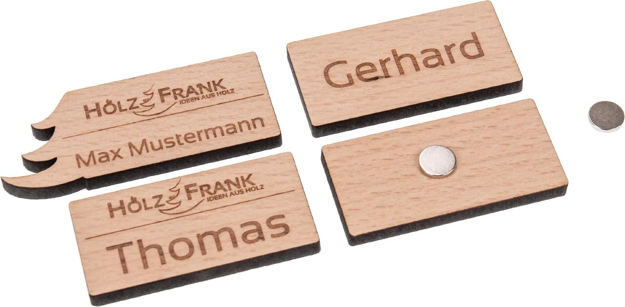 Magnetische Namensschilder aus FSC zertifiziertem Buchenholz mit zwei Magneten