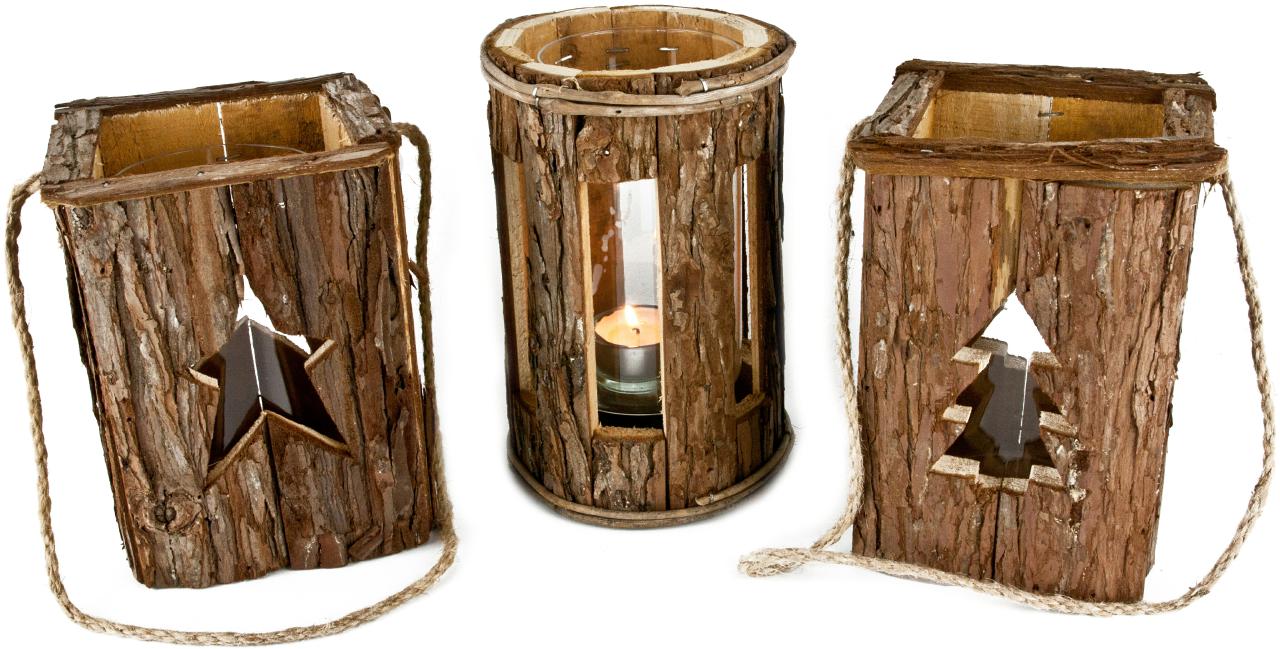 Rustikale Holz Laterne mit Rinde und Glaszylinder Ausschnitt Rund