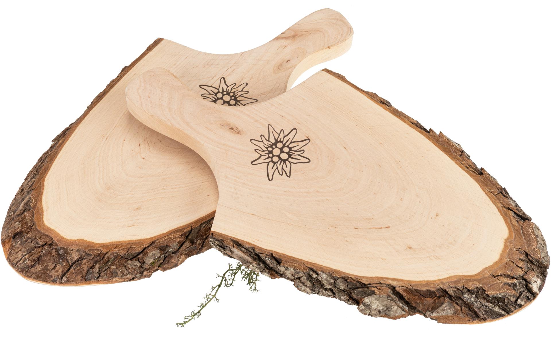 Servierbrett mit Griff & Rinde aus FSC® Erlenholz ca. 36 - 42 cm Edelweiß Branding