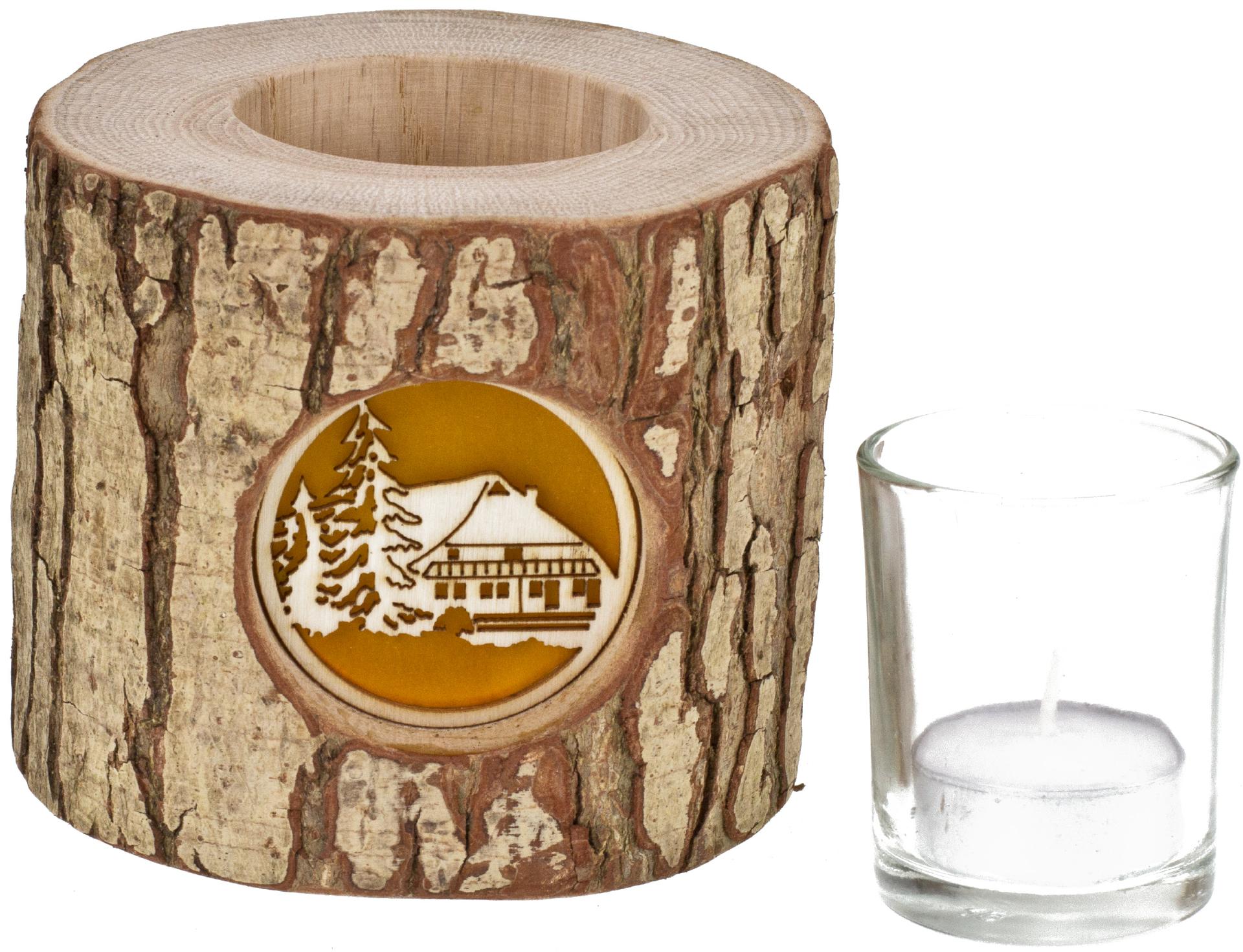 Holz Windlicht mit Rinde und hinterleuchteten Motiv Stimmungsleuchter Schwarzwaldhaus