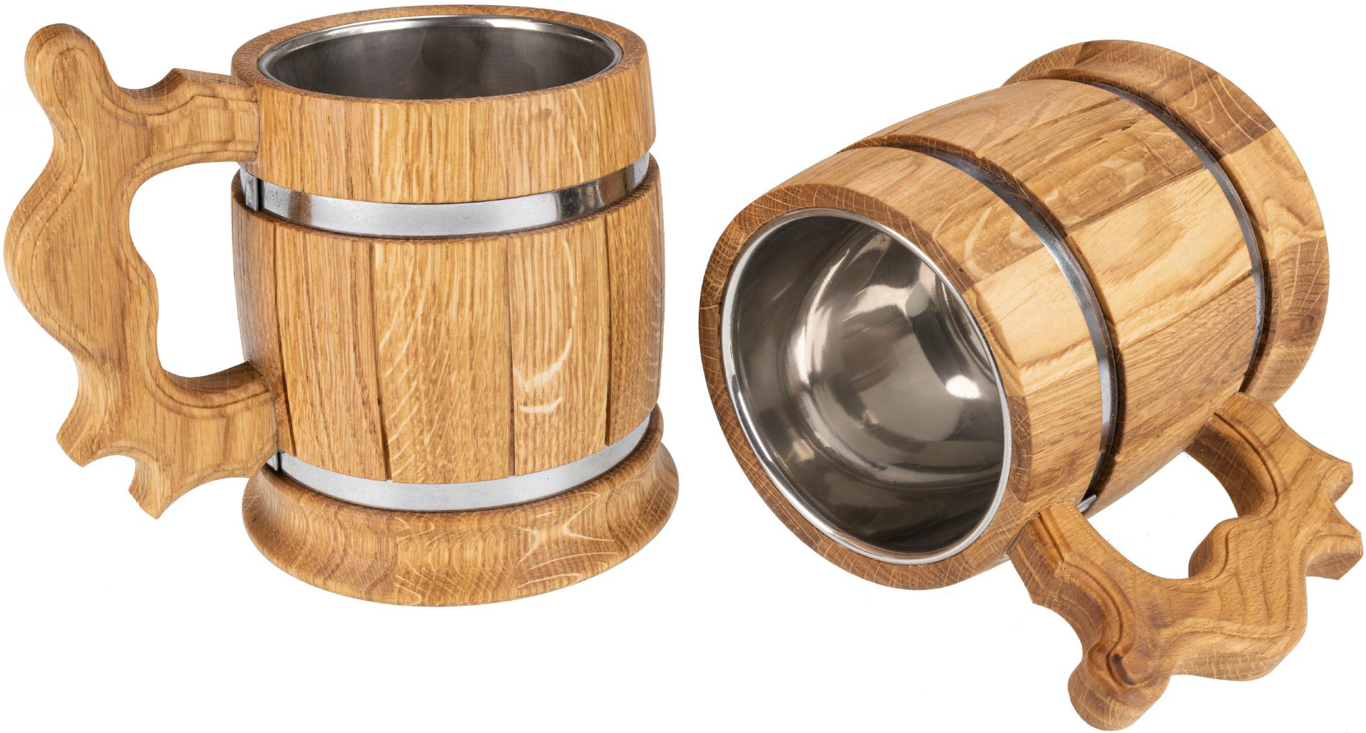 Hochwertiger Bierkrug aus geoelter Eiche mit Metallreifen Bierglas mit Edelstahleinsatz ca