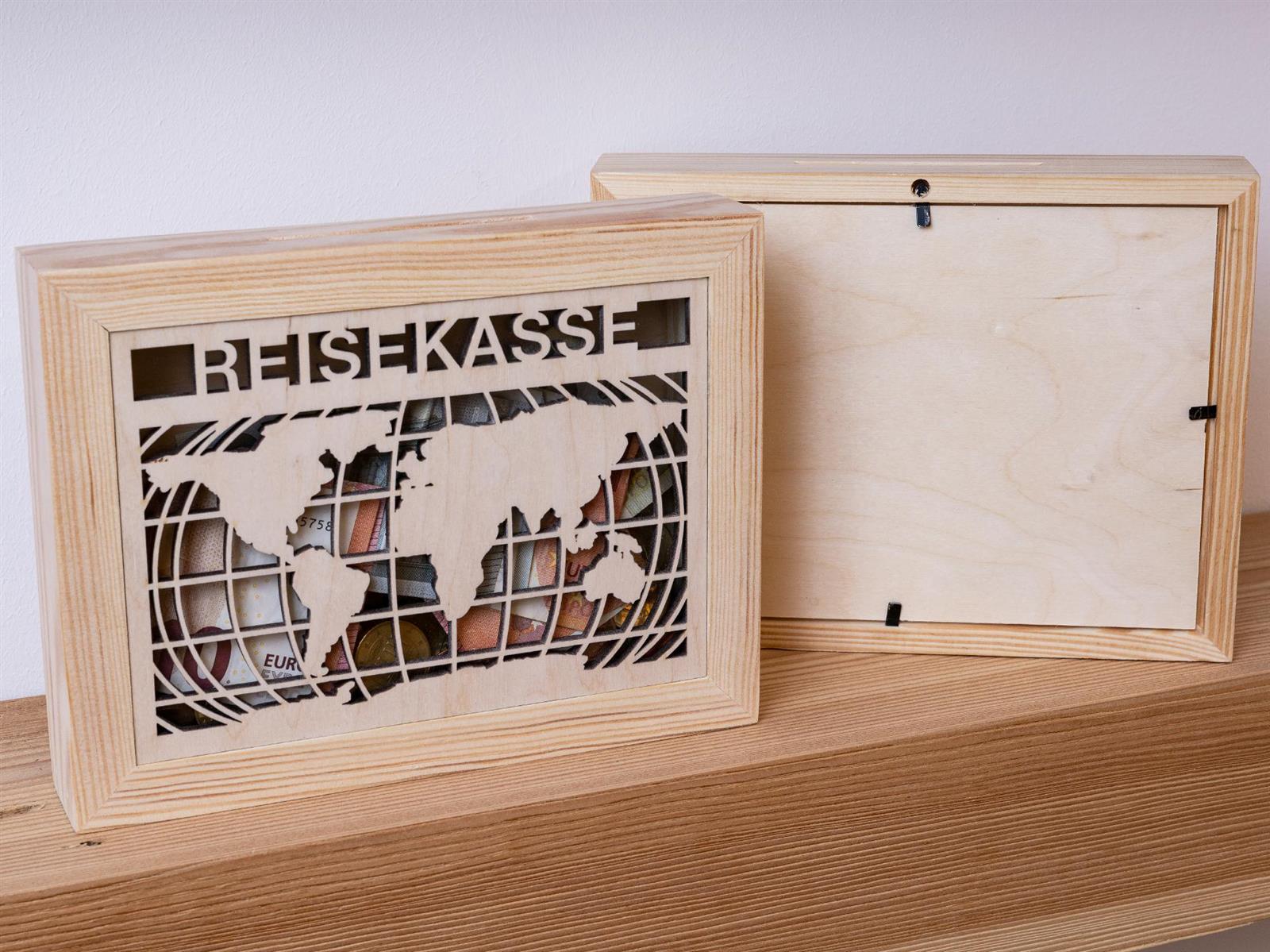 Holz Spardose Bilderrahmen mit Glas Einsatz Reisekasse mit Weltkarten Motiv fuer Ihre Urlaubstraeume