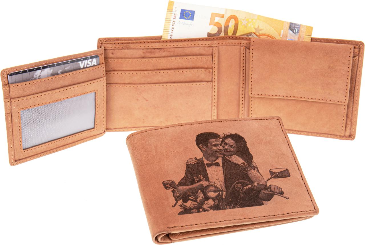 Personalisierter hellbrauner Leder Geldbeutel mit Fotogravur Geldboerse mit individueller Wunschgravur