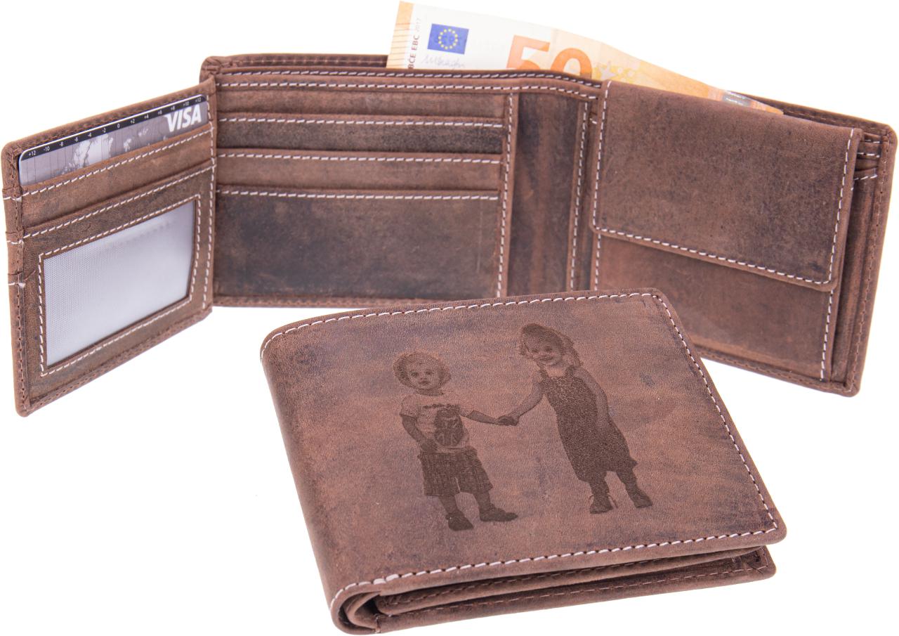 Personalisierter dunkelbrauner Leder Geldbeutel mit Fotogravur Geldboerse mit individueller Wunschgravur