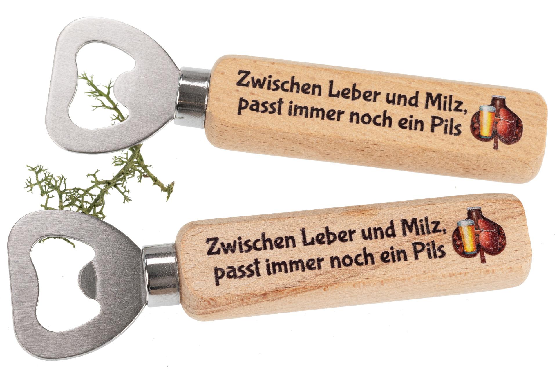 Flaschenöffner aus FSC® Buche mit Druck: Zwischen Leber und Milz