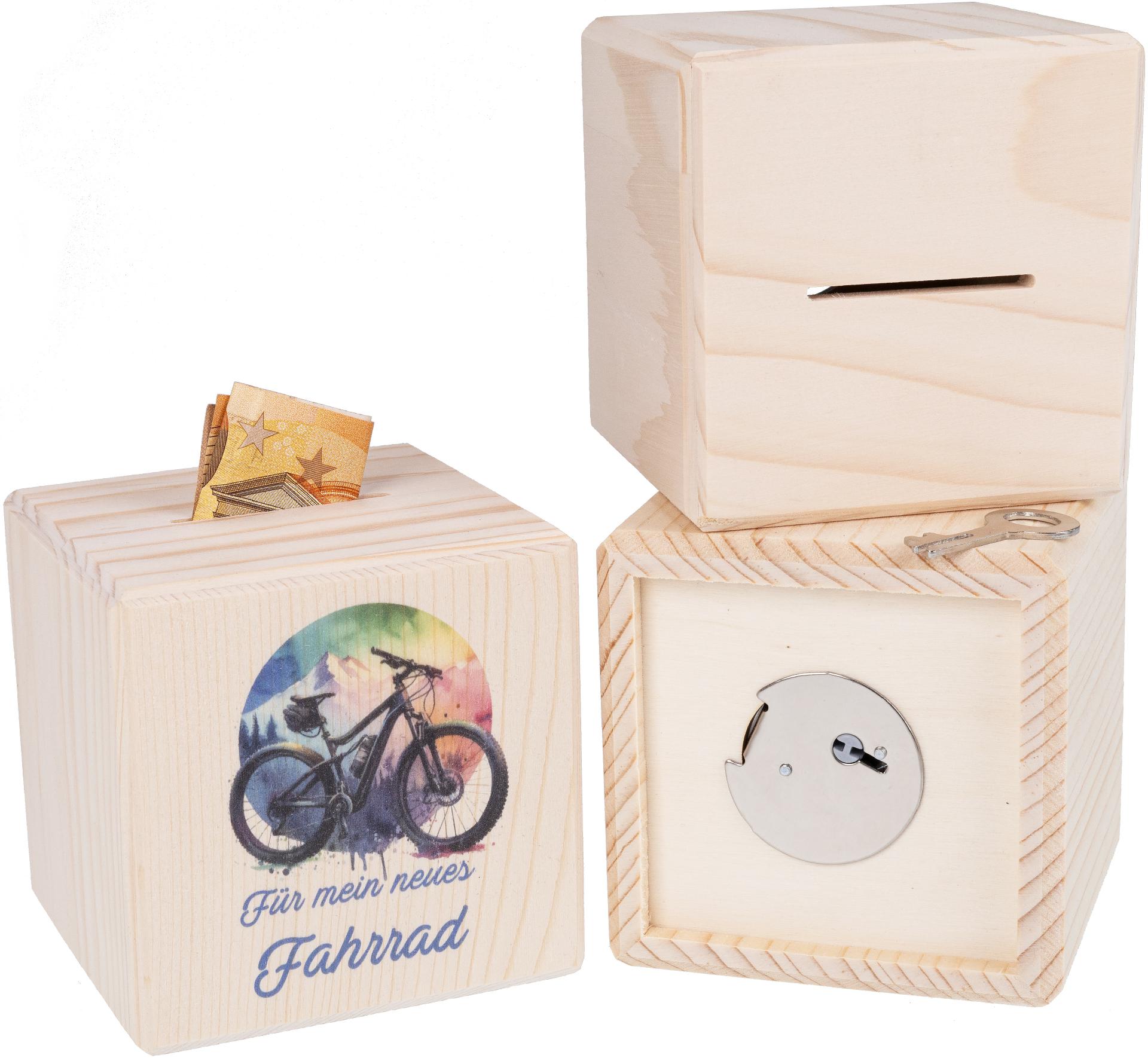 Holz Spardose Wuerfel mit Metallschloss UV Druck: Fuer mein neues Fahrrad