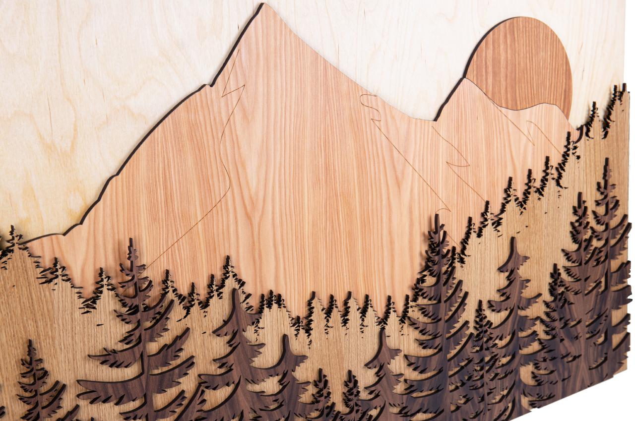 3D Wandbild Gebirge mit Wald - Fünf Ebenen und Holzarten 98x59 cm
