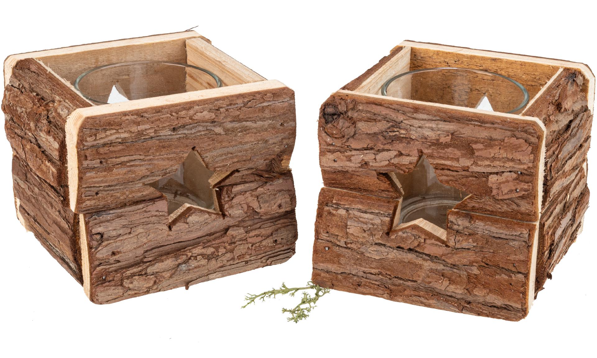 Rustikales Holz Windlicht mit Rinde - 11 x 11 cm für gemütliche Atmosphäre Stern