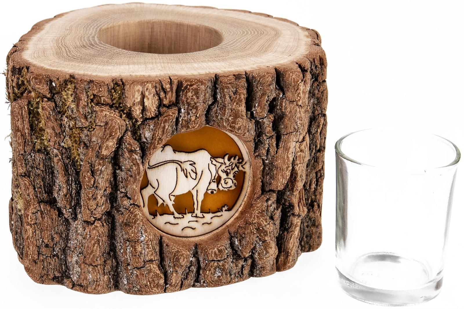 Holz Windlicht mit Rinde und hinterleuchteten Motiv Stimmungsleuchter Kuh