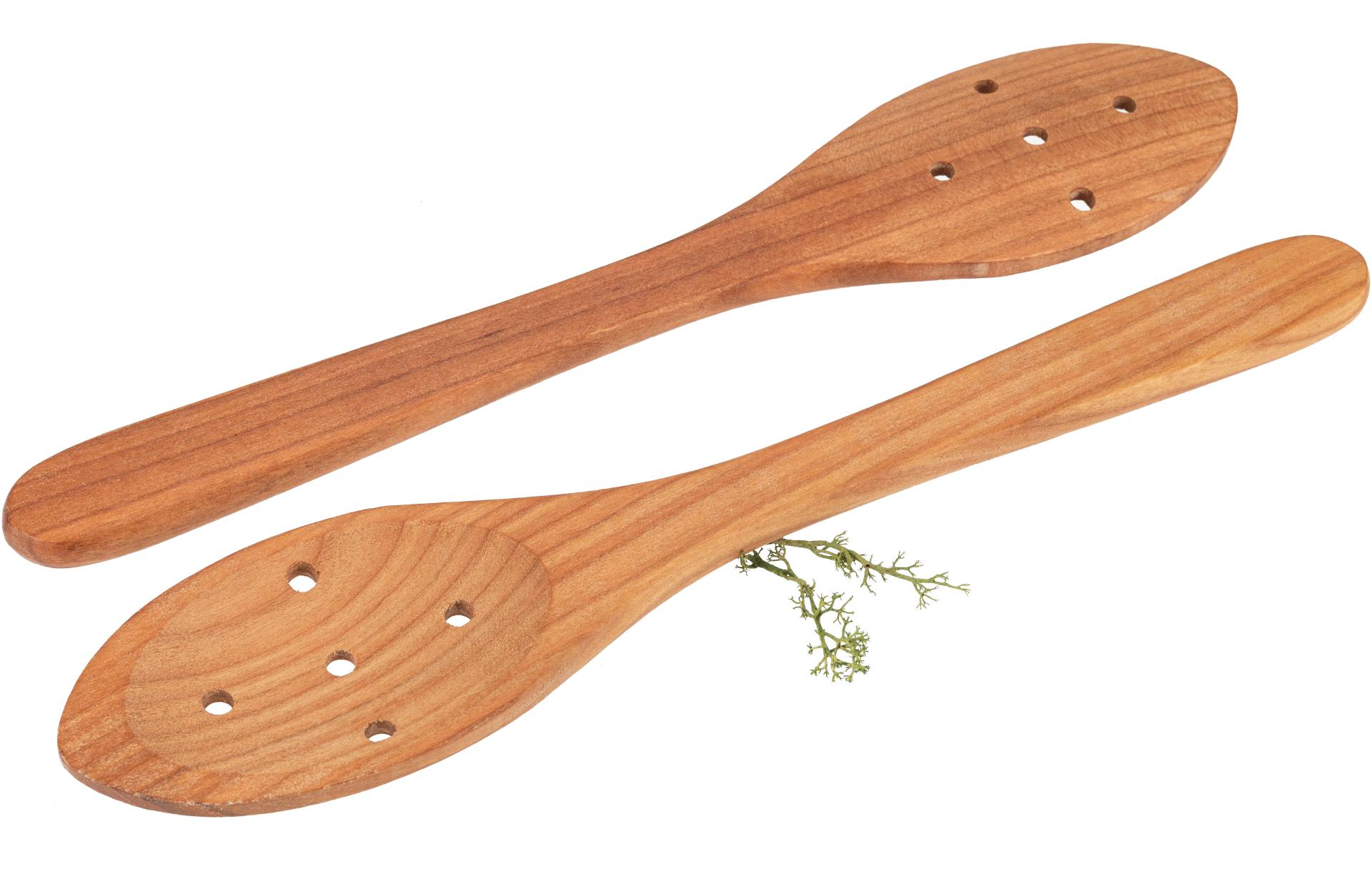 Löffel aus geöltem Kirschholz mit ovaler Laffe und Abtropflöchern - 30 cm