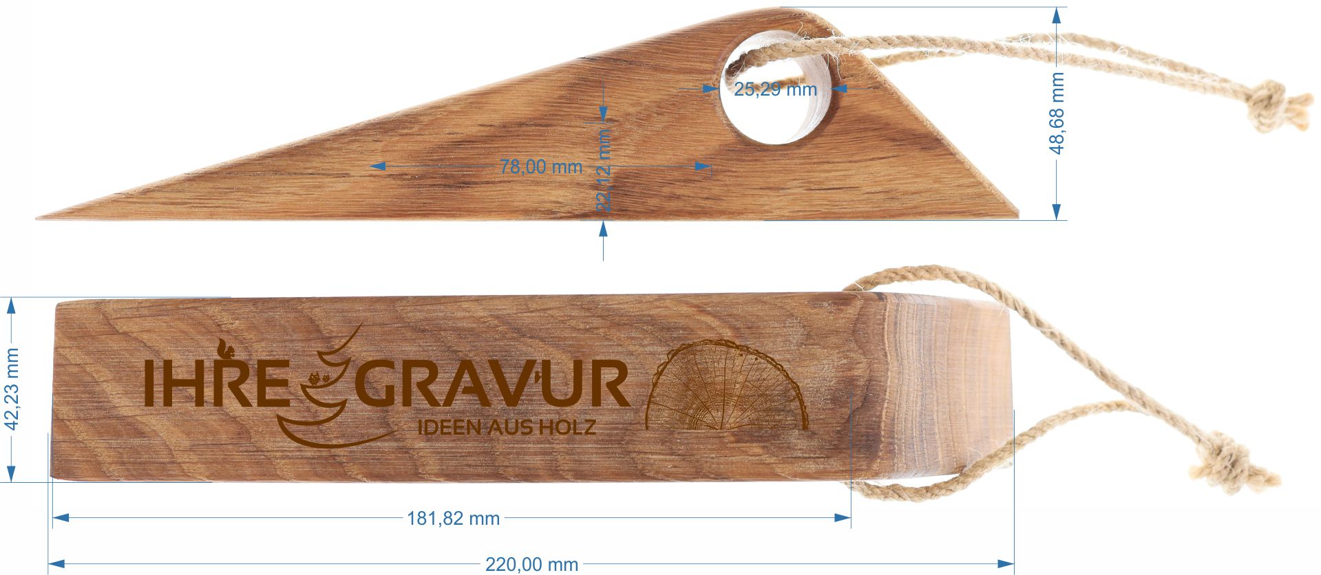 Personalisierter Holz Tuerstopper schlicht aus Eiche geoelt mit Laser Gravur bis