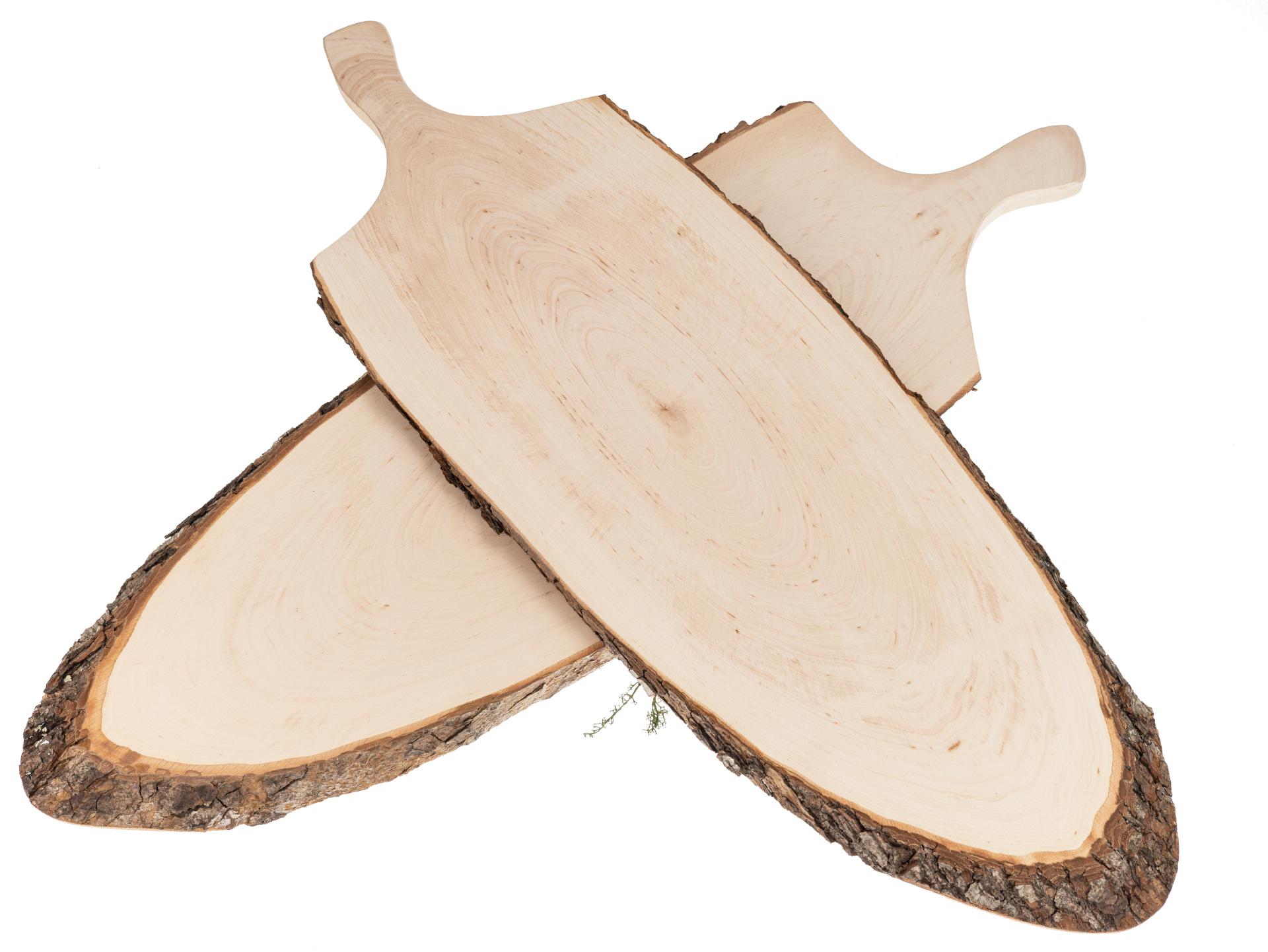 Servierbrett mit Griff & Rinde aus FSC® Erlenholz ca. 66 - 76 x 2,5 cm geölt mit Lederband
