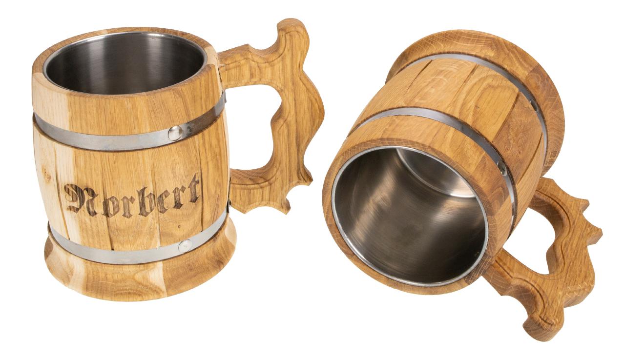 Holz Bierkrug mit Namen personalisiert Eiche geoelt mit Metallreifen Bierglas Edelstahleinsatz ca