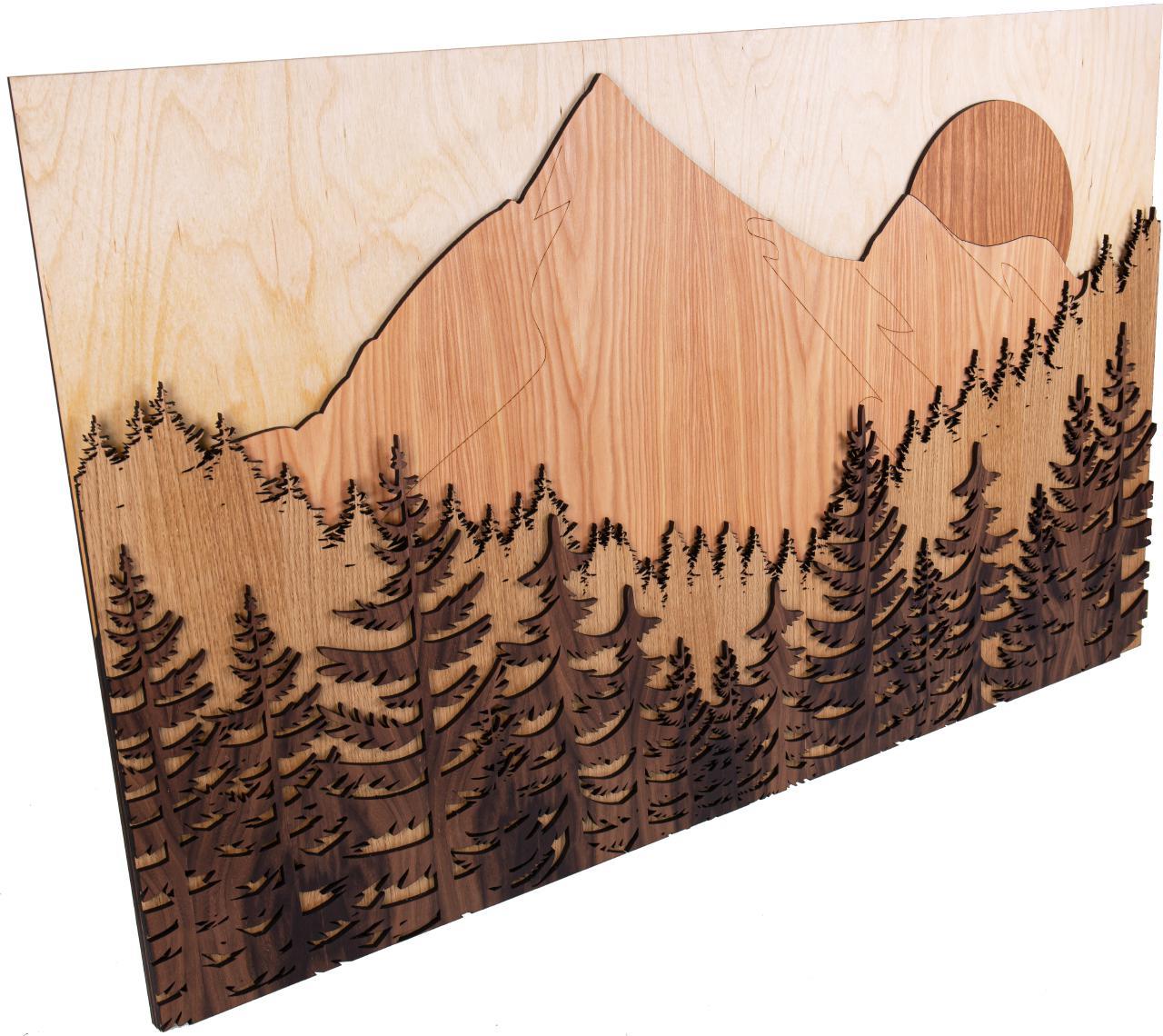 3D Wandbild Gebirge mit Wald - Fünf Ebenen und Holzarten 98x59 cm